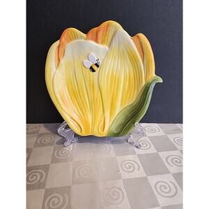 Vtg Harry and David 2007 Hand Painted Yellow Tulip Bee Ceramic Snack Plate 8"